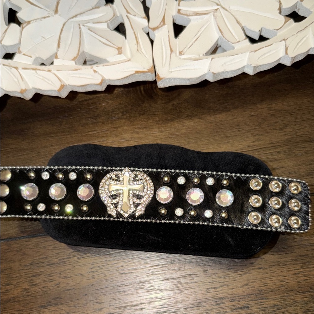 Embellished Black Leather Cross Accent Belt